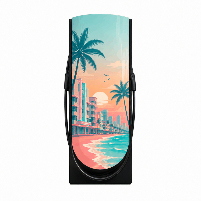 Tesla Supercharger cycling through custom regional wrap designs