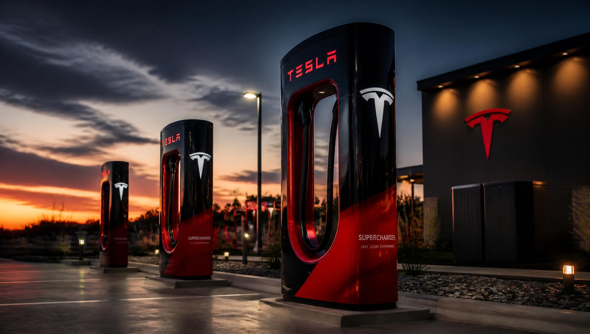 Custom wrapped Tesla Superchargers at dusk